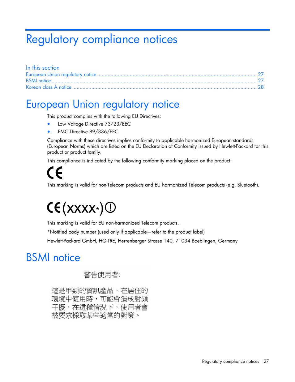 Regulatory compliance notices, European union regulatory notice, Bsmi notice | HP SB40c-Storage-Blade User Manual | Page 27 / 42