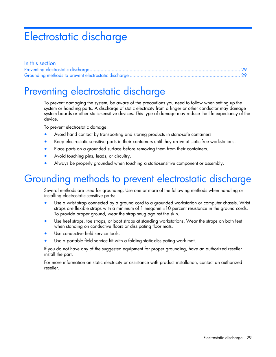 Electrostatic discharge, Preventing electrostatic discharge | HP SB40c-Storage-Blade User Manual | Page 29 / 42