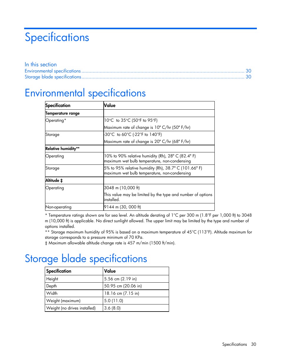 Specifications, Environmental specifications, Storage blade specifications | HP SB40c-Storage-Blade User Manual | Page 30 / 42