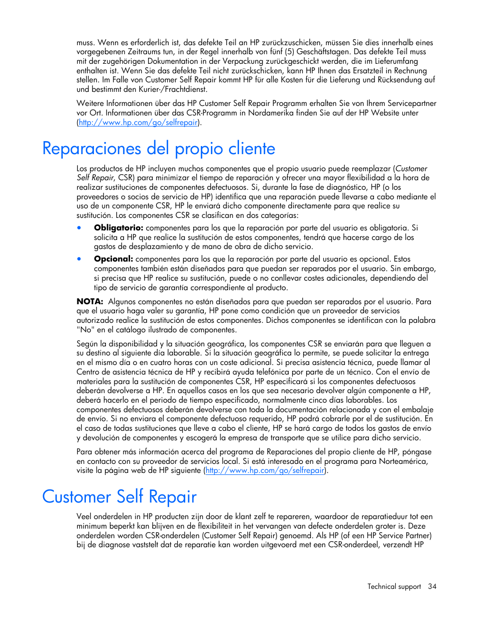 Reparaciones del propio cliente, Customer self repair | HP SB40c-Storage-Blade User Manual | Page 34 / 42