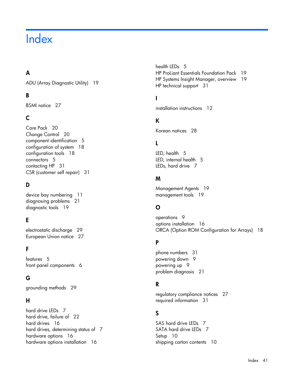 Index | HP SB40c-Storage-Blade User Manual | Page 41 / 42