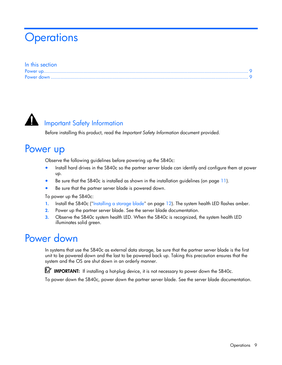 Operations, Power up, Power down | Important safety information | HP SB40c-Storage-Blade User Manual | Page 9 / 42