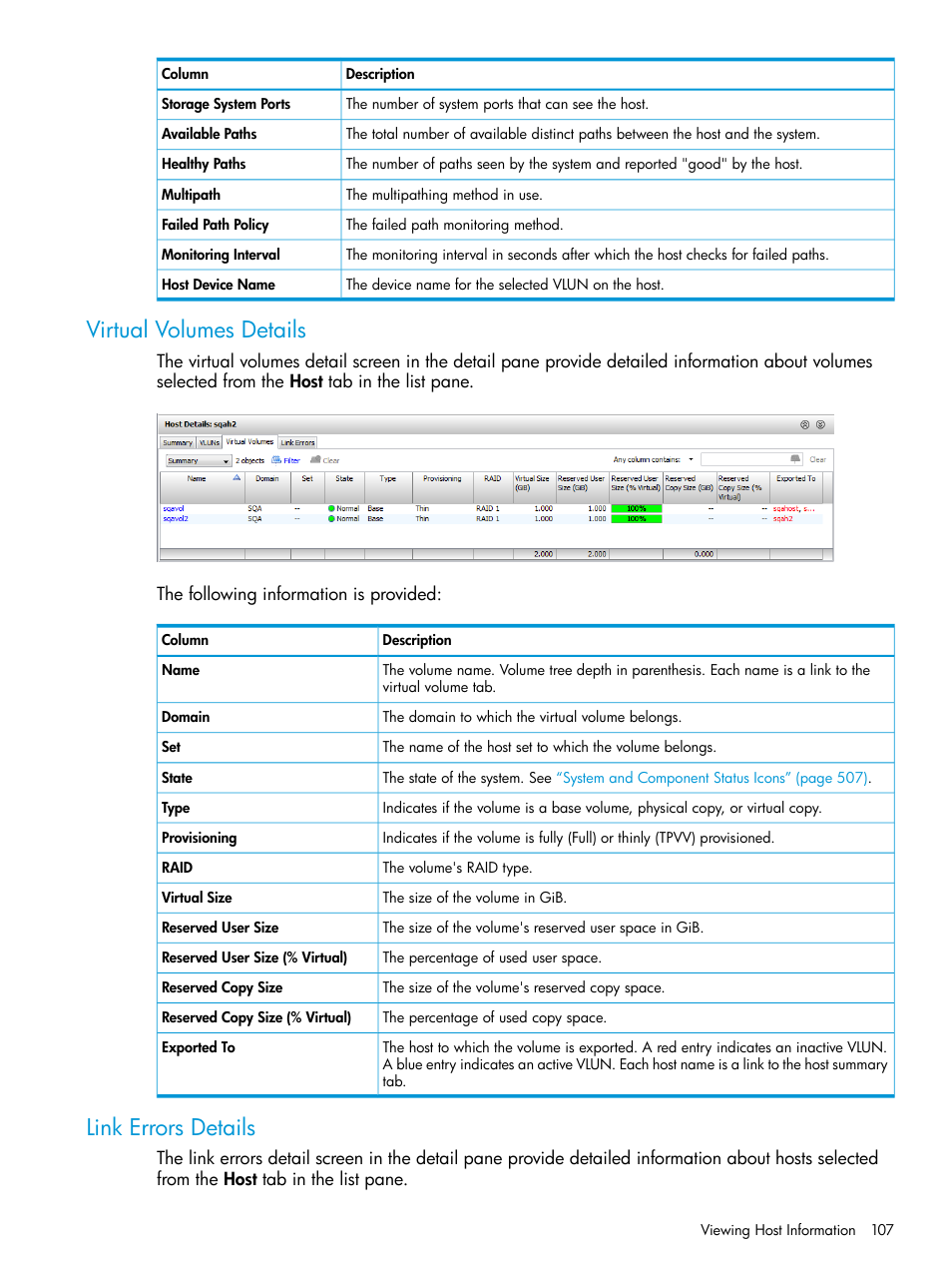 Virtual volumes details, Link errors details, Virtual volumes details link errors details | HP 3PAR Operating System Software User Manual | Page 107 / 525