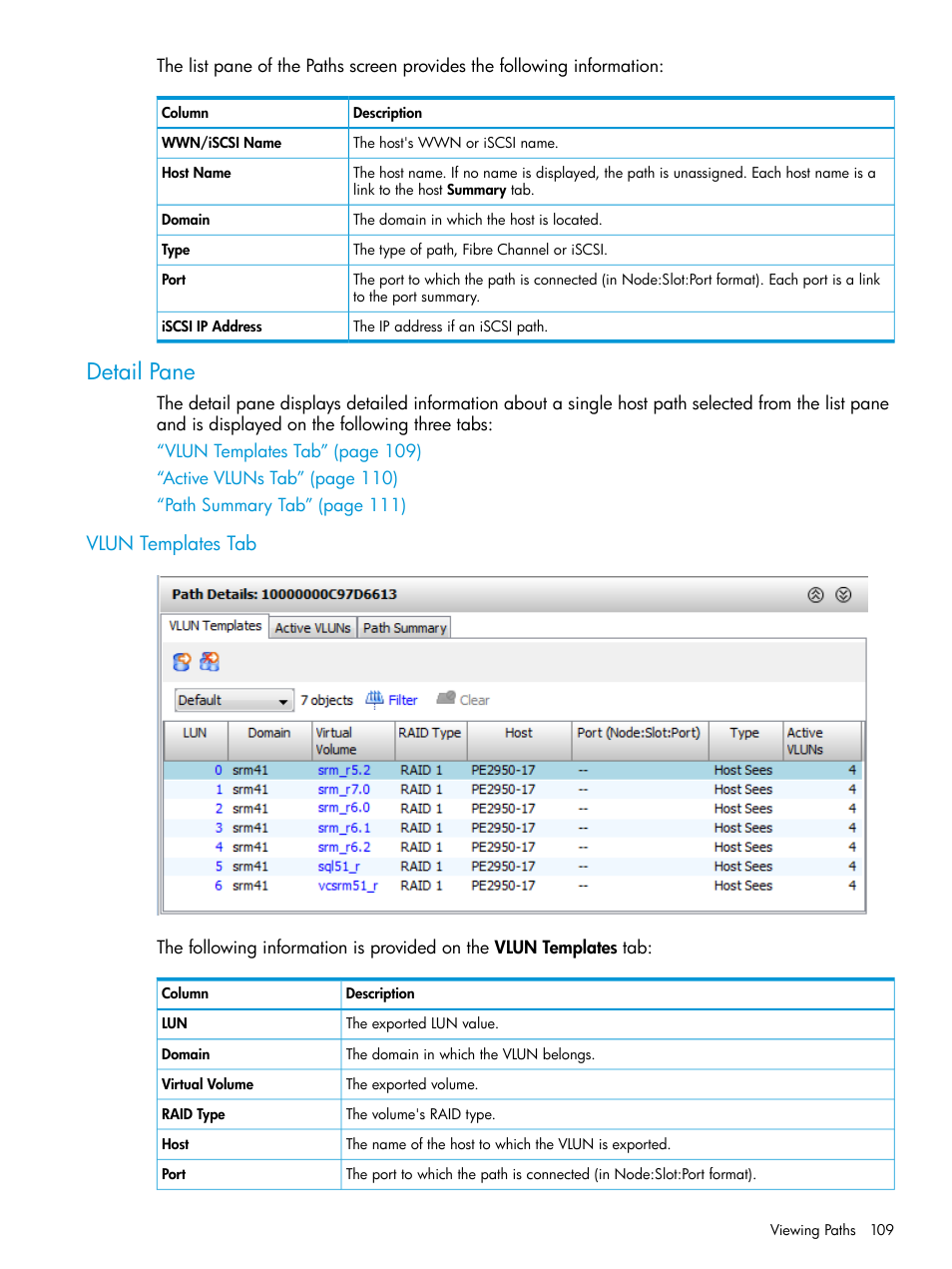 Detail pane, Vlun templates tab | HP 3PAR Operating System Software User Manual | Page 109 / 525