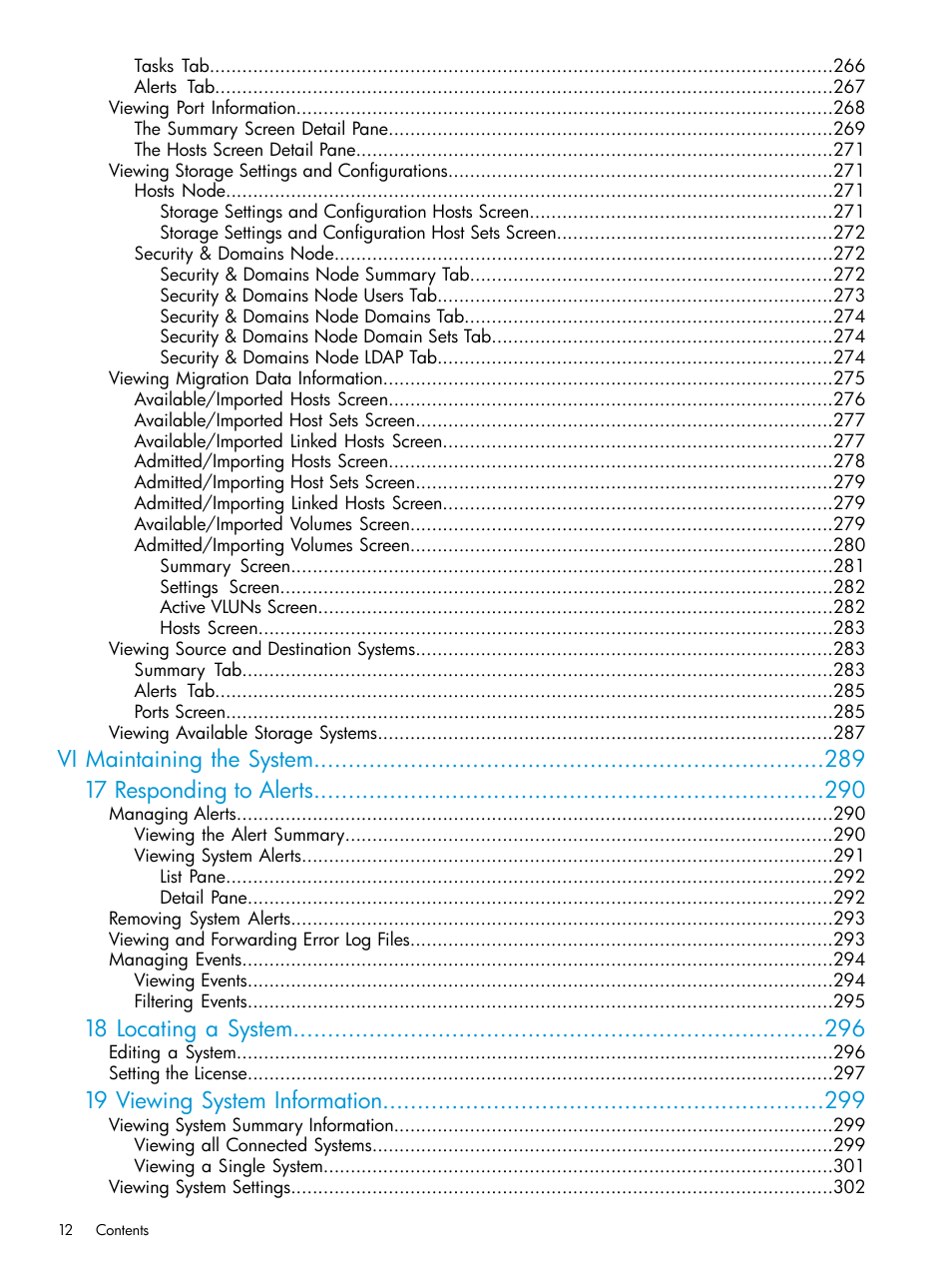 Vi maintaining the system 17 responding to alerts, 18 locating a system, 19 viewing system information | HP 3PAR Operating System Software User Manual | Page 12 / 525