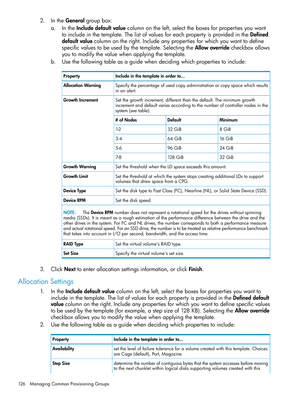 Allocation settings | HP 3PAR Operating System Software User Manual | Page 126 / 525
