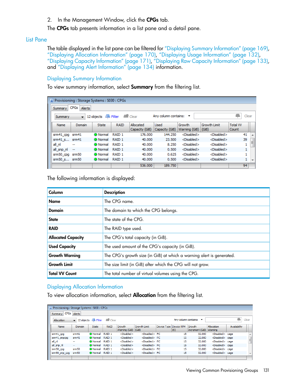 List pane, Displaying summary information, Displaying allocation information | HP 3PAR Operating System Software User Manual | Page 131 / 525