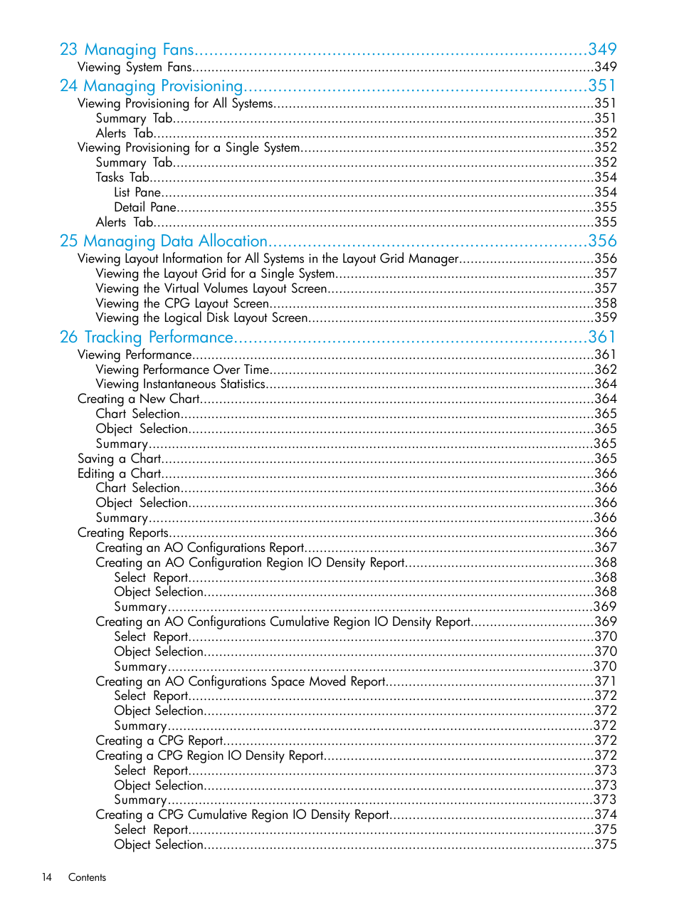 23 managing fans, 24 managing provisioning, 25 managing data allocation | 26 tracking performance | HP 3PAR Operating System Software User Manual | Page 14 / 525