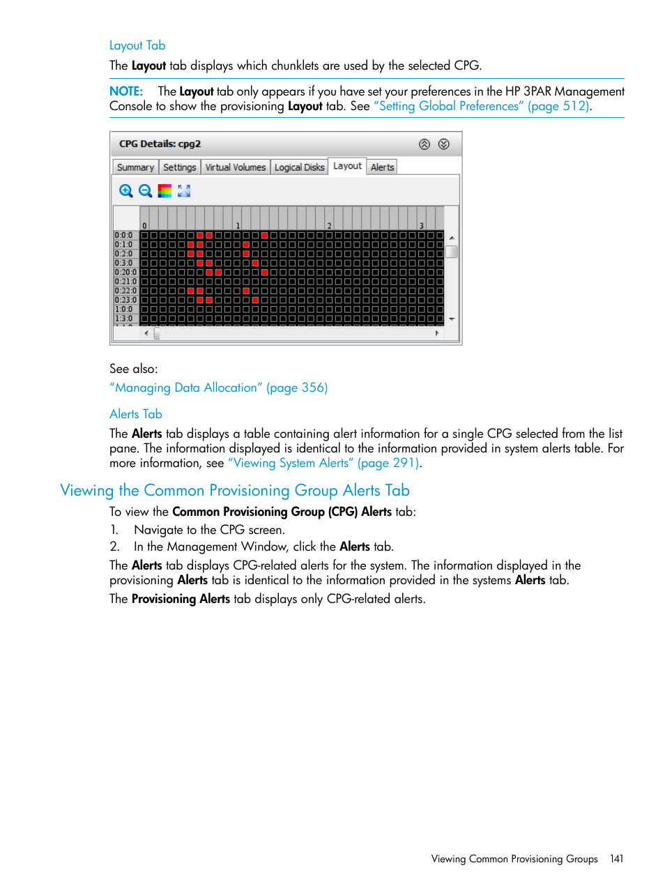 Layout tab, Alerts tab, Viewing the common provisioning group alerts tab | Layout tab alerts tab | HP 3PAR Operating System Software User Manual | Page 141 / 525