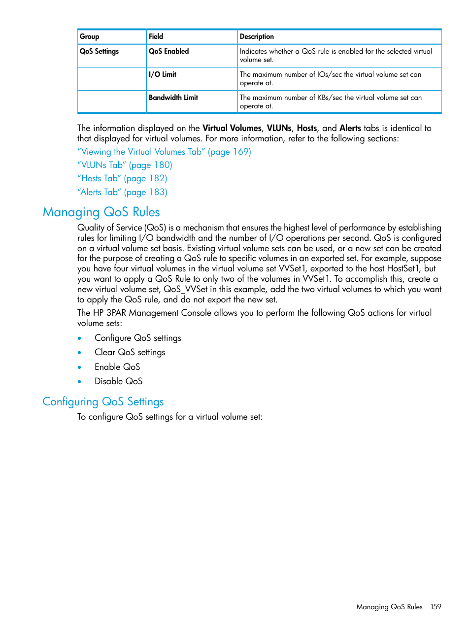 Managing qos rules, Configuring qos settings | HP 3PAR Operating System Software User Manual | Page 159 / 525