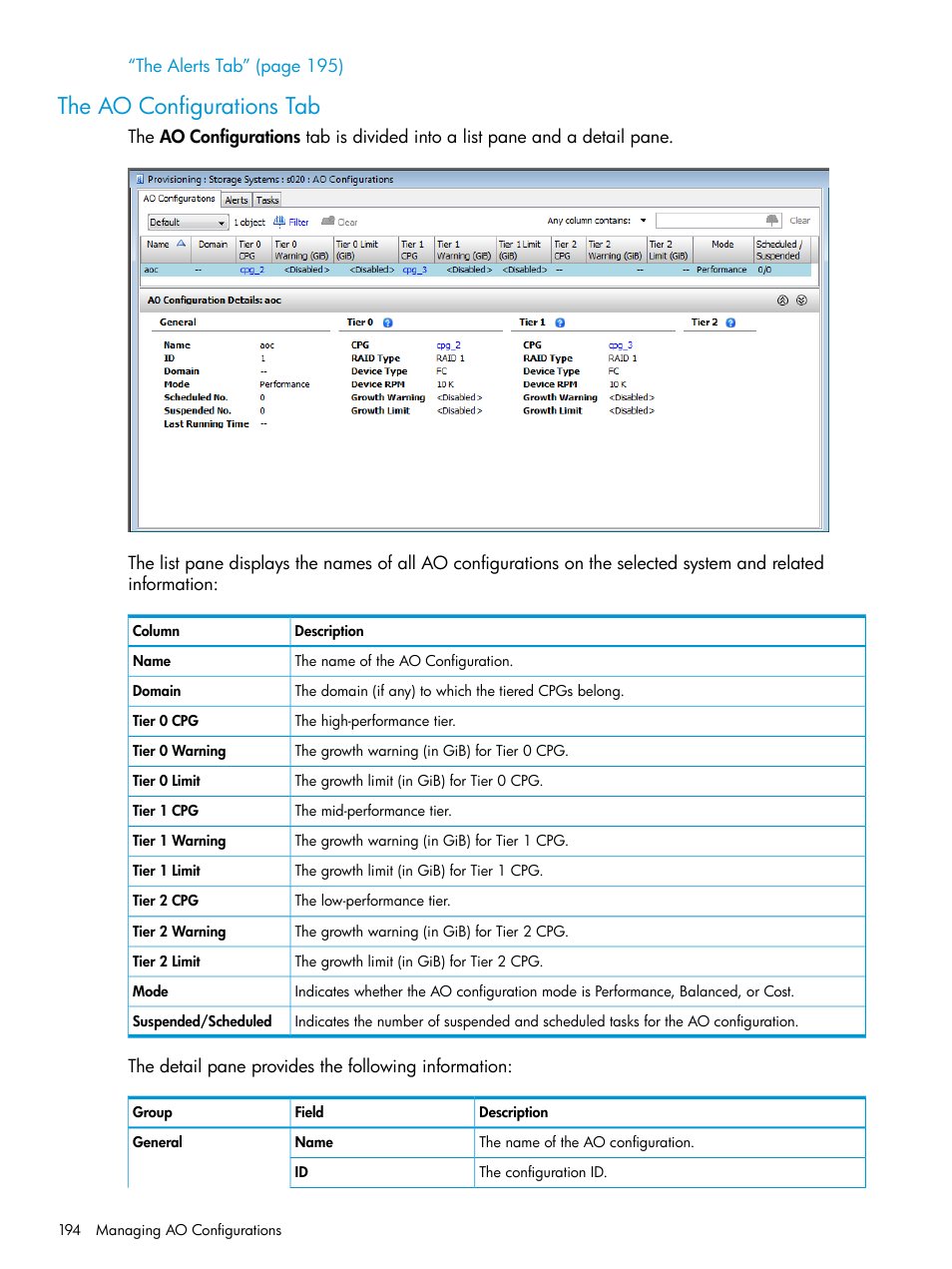 The ao configurations tab | HP 3PAR Operating System Software User Manual | Page 194 / 525