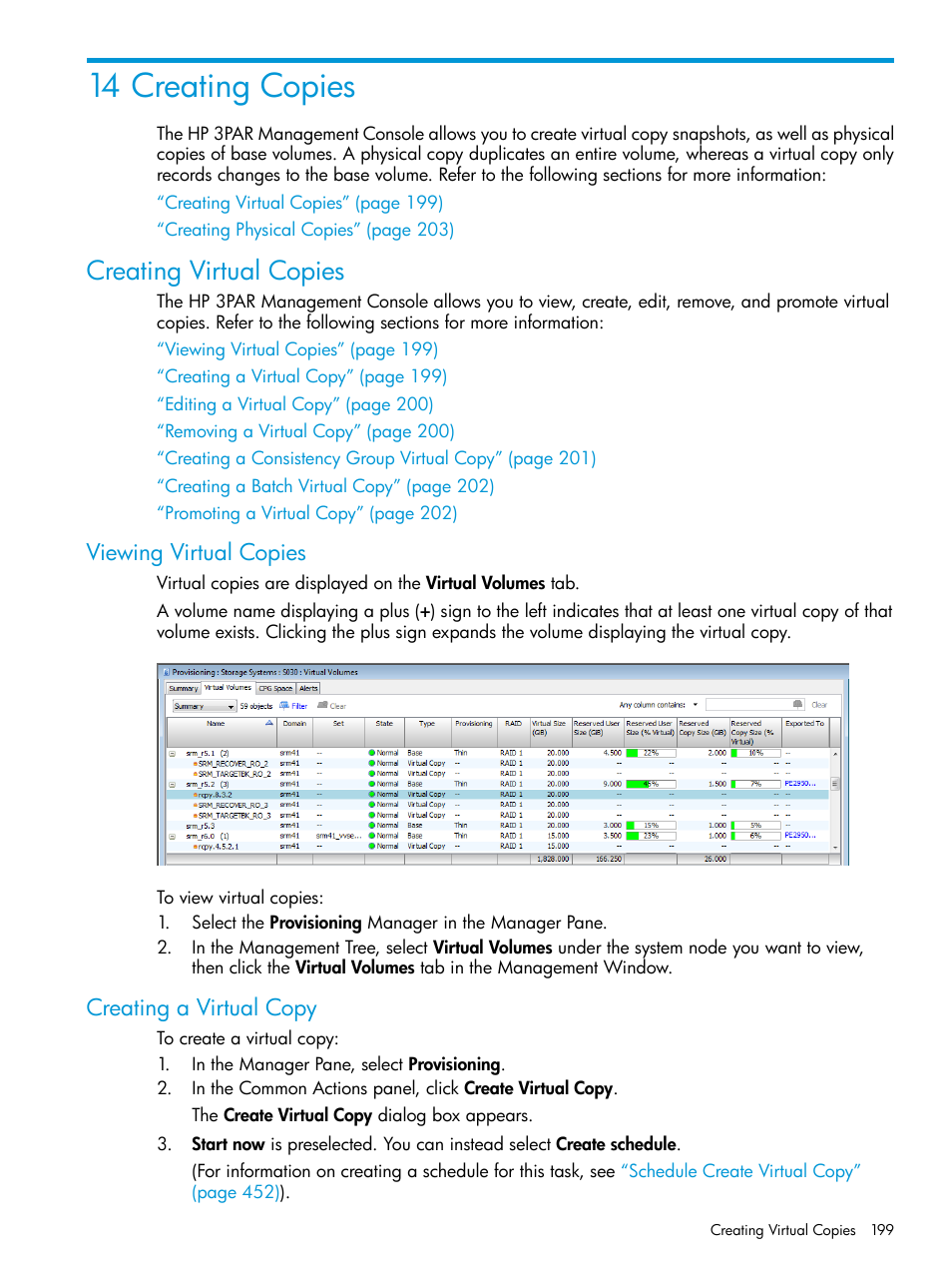 14 creating copies, Creating virtual copies, Viewing virtual copies | Creating a virtual copy, Viewing virtual copies creating a virtual copy | HP 3PAR Operating System Software User Manual | Page 199 / 525