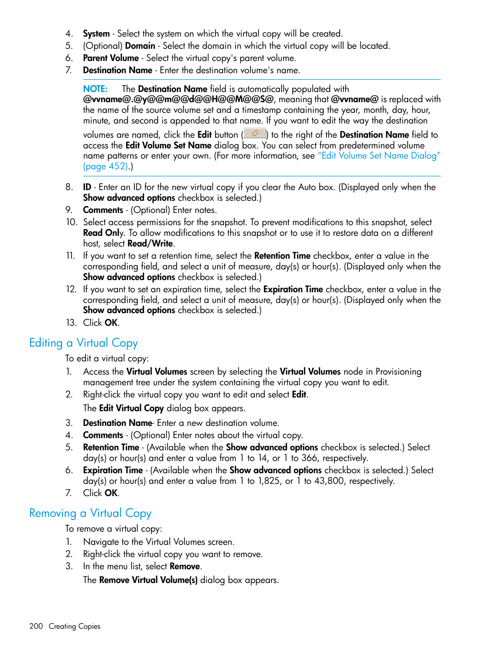 Editing a virtual copy, Removing a virtual copy, Editing a virtual copy removing a virtual copy | HP 3PAR Operating System Software User Manual | Page 200 / 525