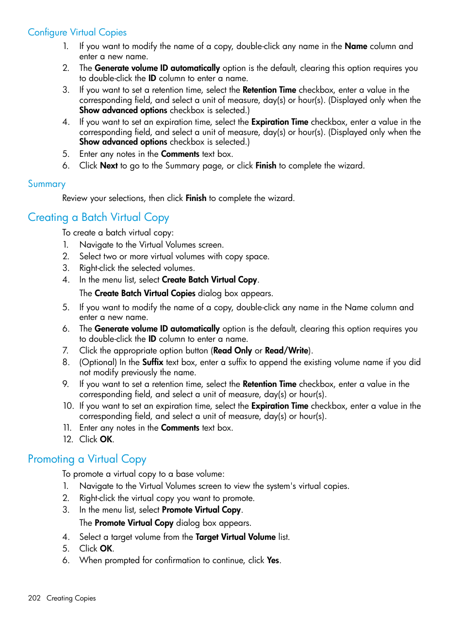 Configure virtual copies, Summary, Creating a batch virtual copy | Promoting a virtual copy, Configure virtual copies summary | HP 3PAR Operating System Software User Manual | Page 202 / 525