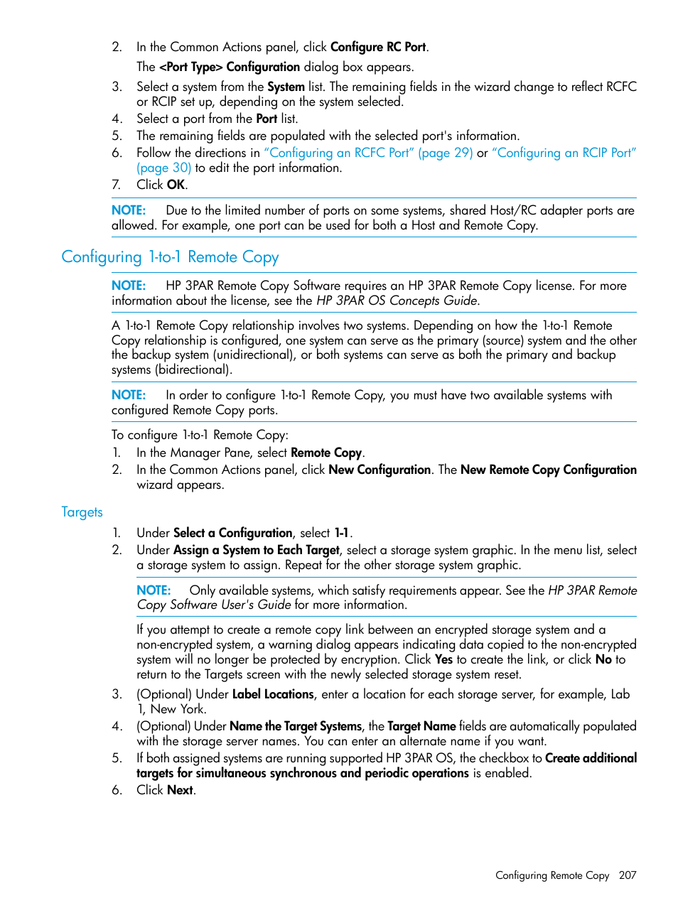 Configuring 1-to-1 remote copy, Targets | HP 3PAR Operating System Software User Manual | Page 207 / 525