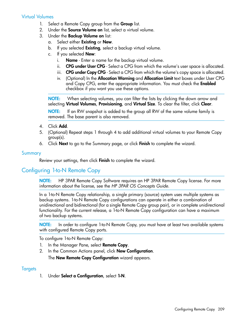 Virtual volumes, Summary, Configuring 1-to-n remote copy | Targets, Virtual volumes summary | HP 3PAR Operating System Software User Manual | Page 209 / 525