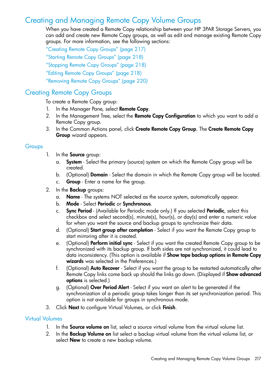 Creating and managing remote copy volume groups, Creating remote copy groups, Groups | Virtual volumes, Groups virtual volumes | HP 3PAR Operating System Software User Manual | Page 217 / 525