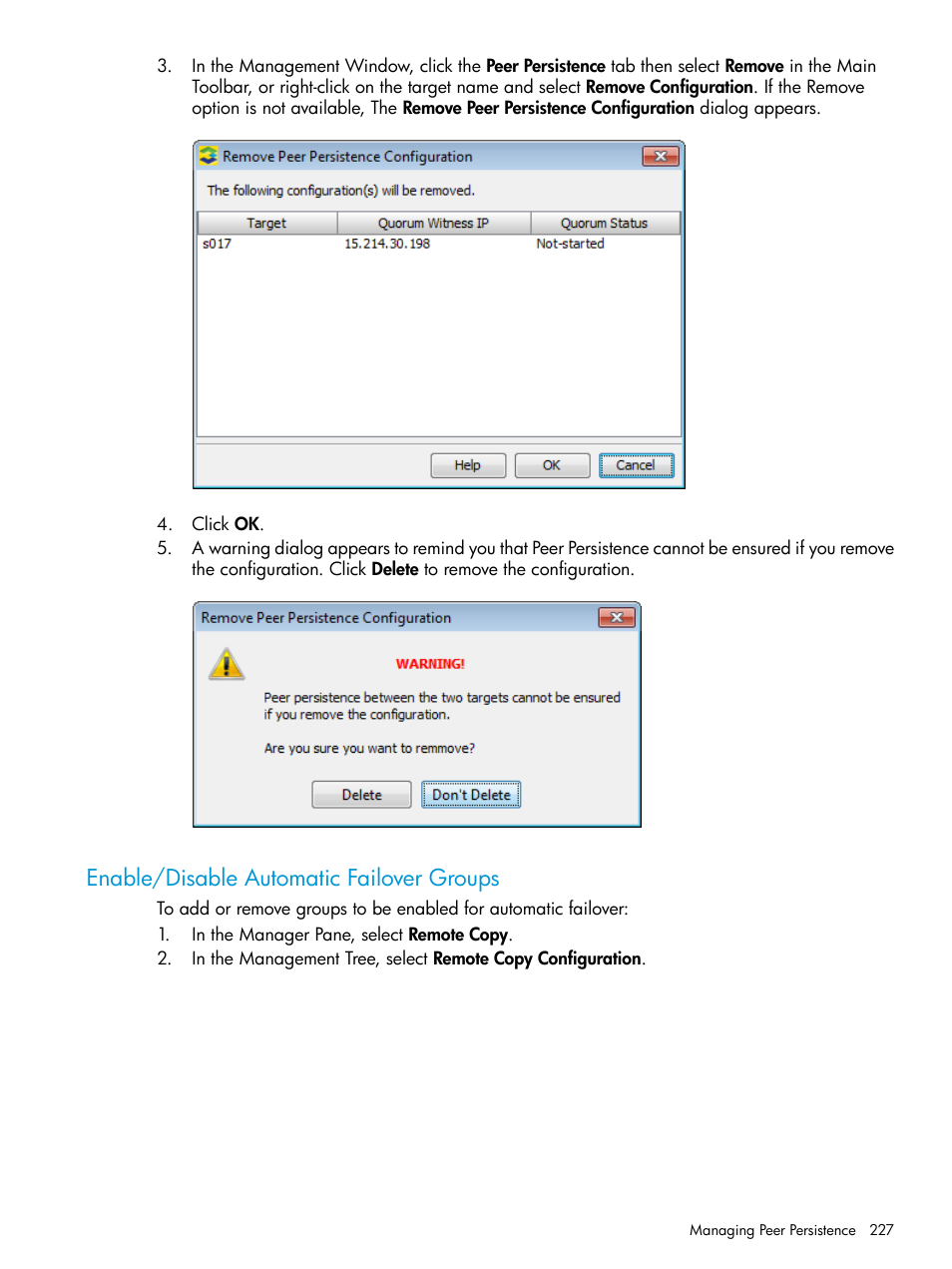 Enable/disable automatic failover groups | HP 3PAR Operating System Software User Manual | Page 227 / 525