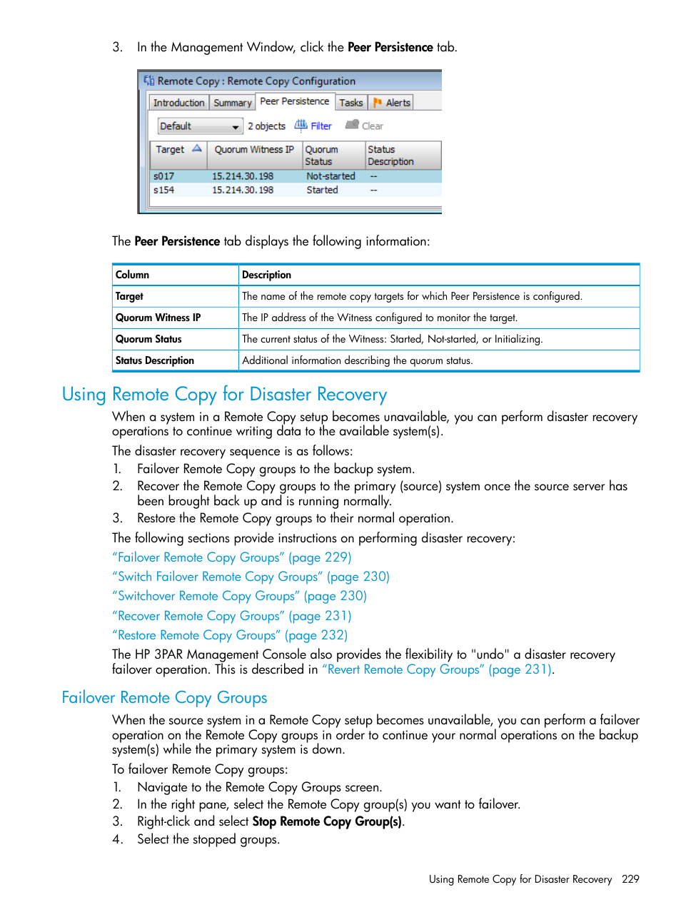 Using remote copy for disaster recovery, Failover remote copy groups | HP 3PAR Operating System Software User Manual | Page 229 / 525