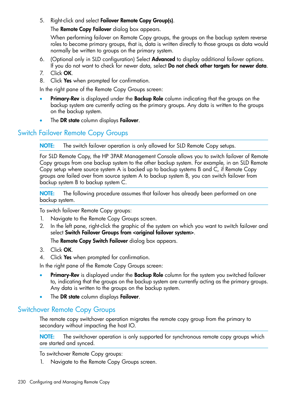 Switch failover remote copy groups, Switchover remote copy groups | HP 3PAR Operating System Software User Manual | Page 230 / 525