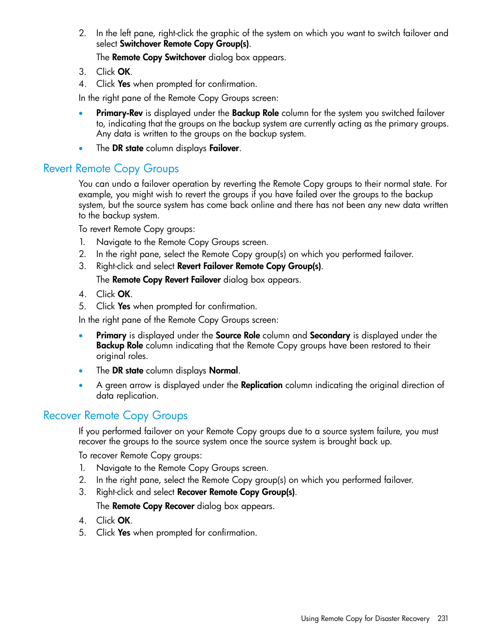 Revert remote copy groups, Recover remote copy groups | HP 3PAR Operating System Software User Manual | Page 231 / 525