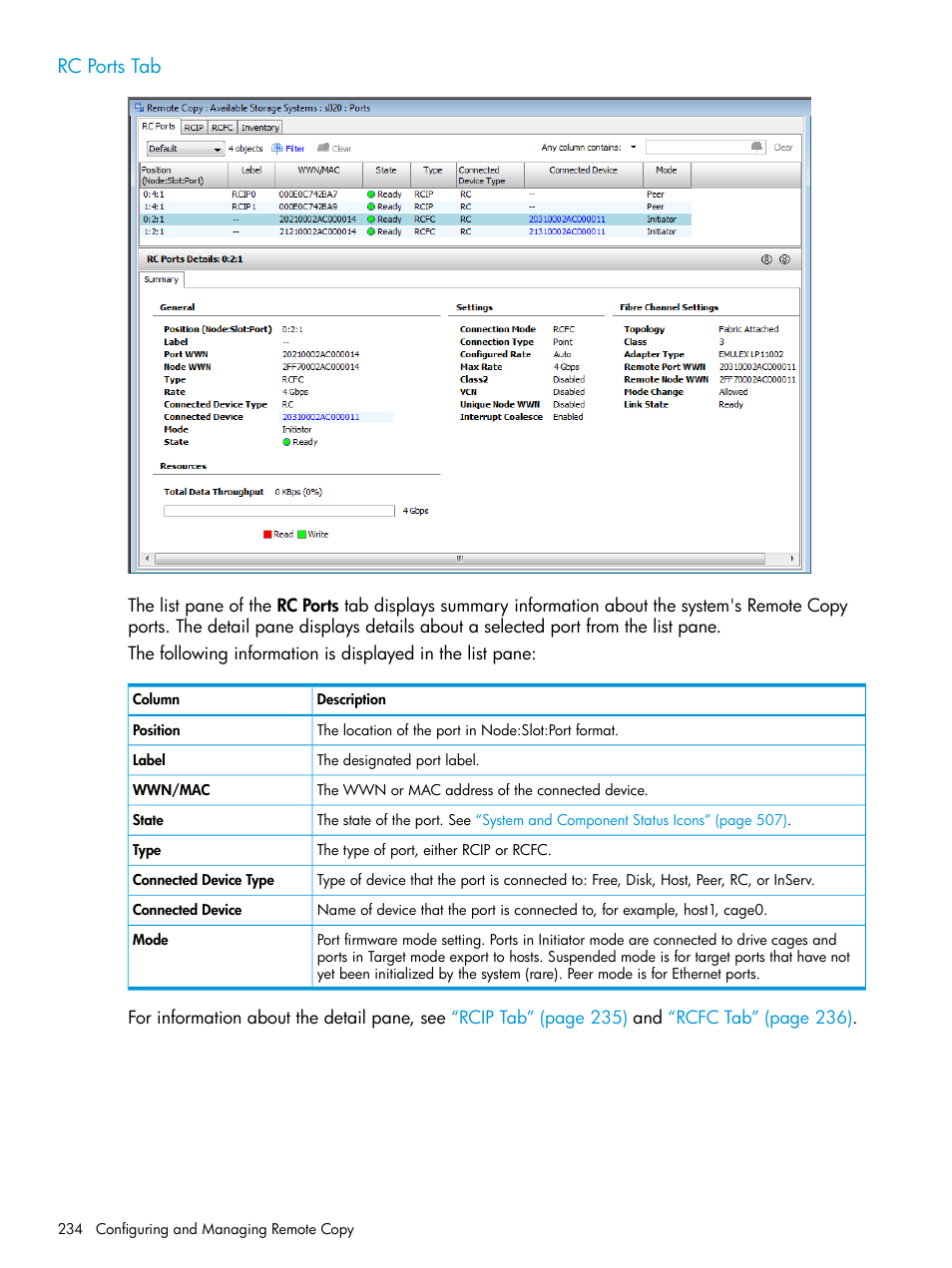 Rc ports tab | HP 3PAR Operating System Software User Manual | Page 234 / 525