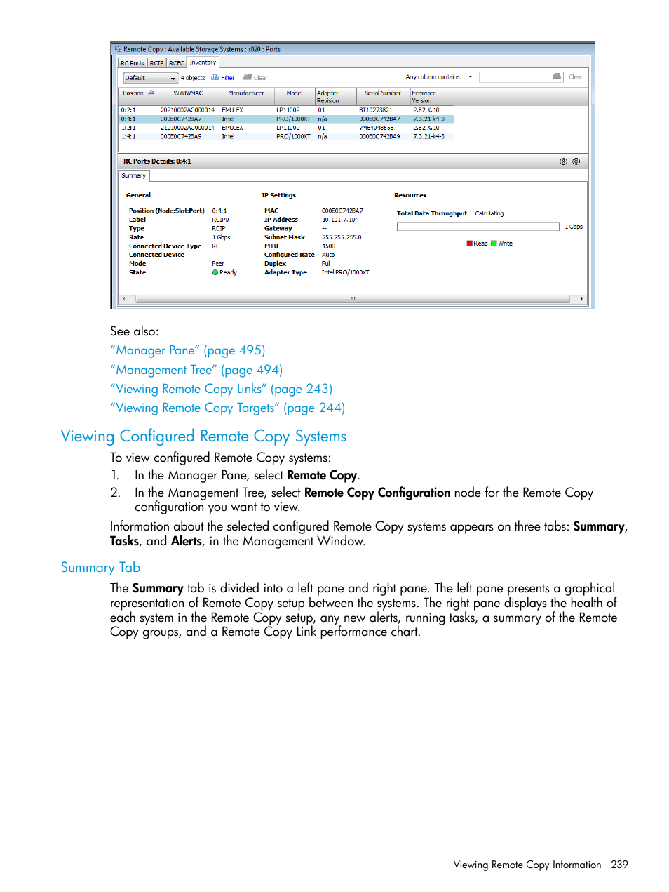 Viewing configured remote copy systems, Summary tab | HP 3PAR Operating System Software User Manual | Page 239 / 525