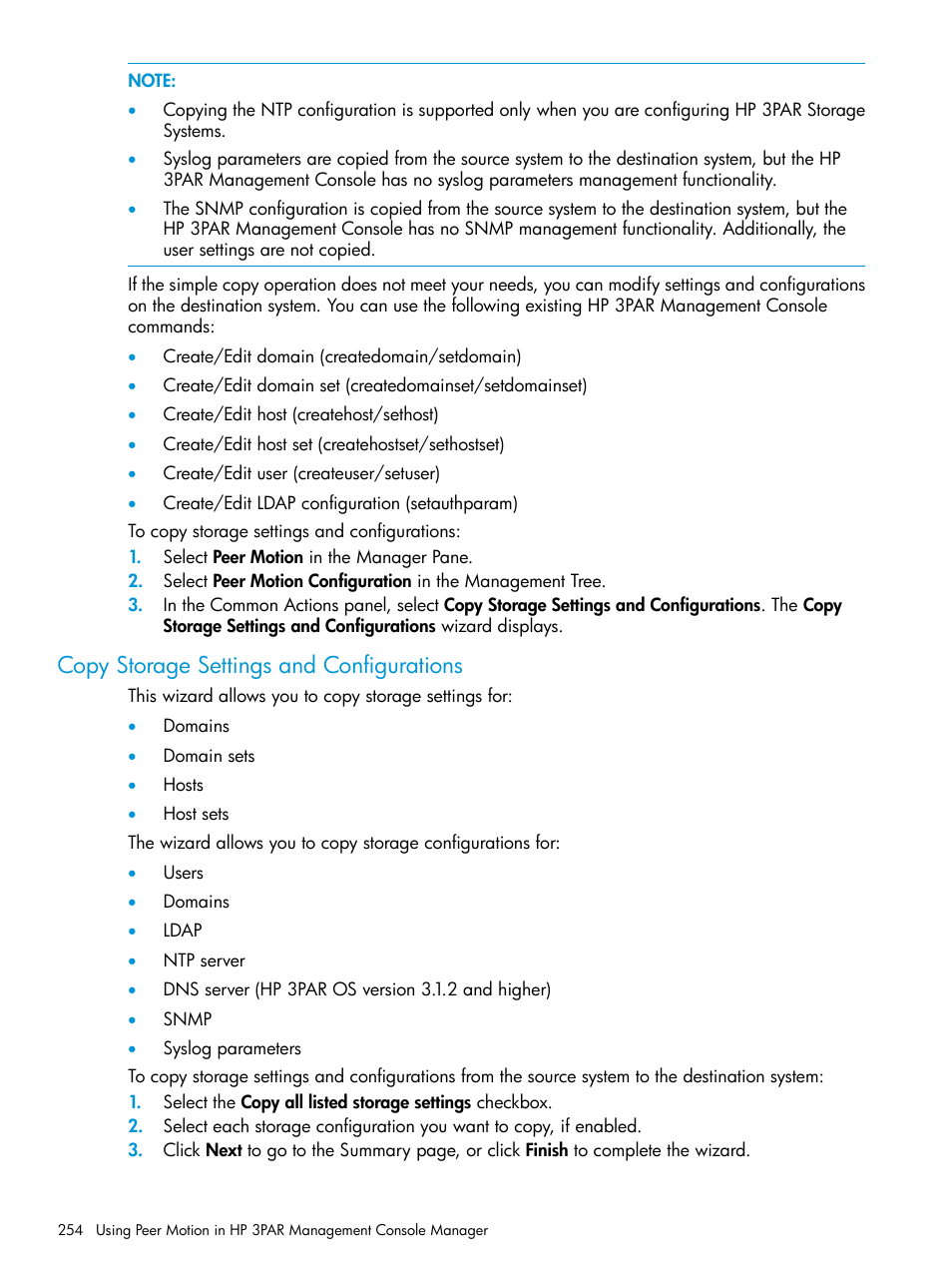 Copy storage settings and configurations | HP 3PAR Operating System Software User Manual | Page 254 / 525