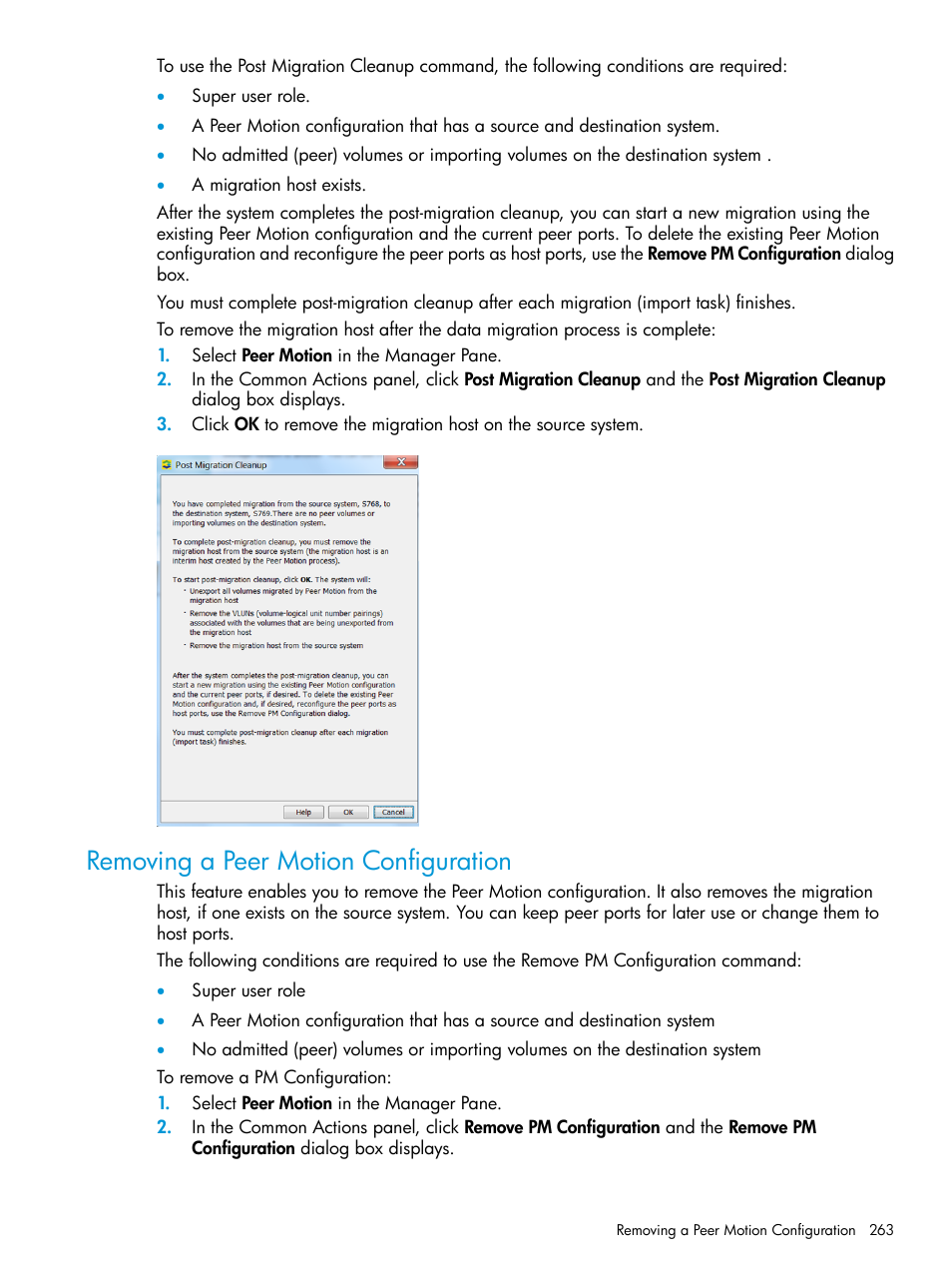 Removing a peer motion configuration | HP 3PAR Operating System Software User Manual | Page 263 / 525
