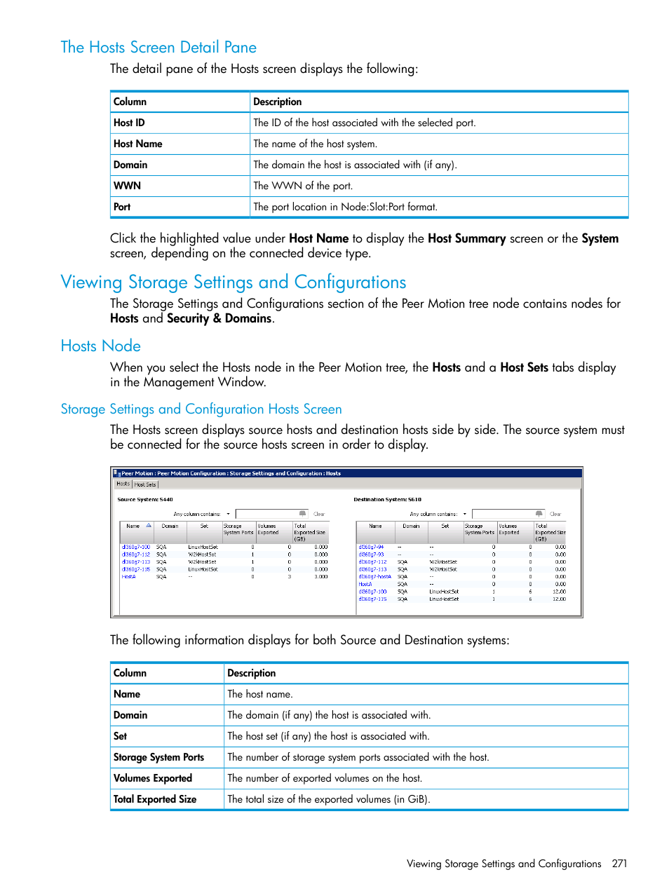 The hosts screen detail pane, Viewing storage settings and configurations, Hosts node | Storage settings and configuration hosts screen | HP 3PAR Operating System Software User Manual | Page 271 / 525