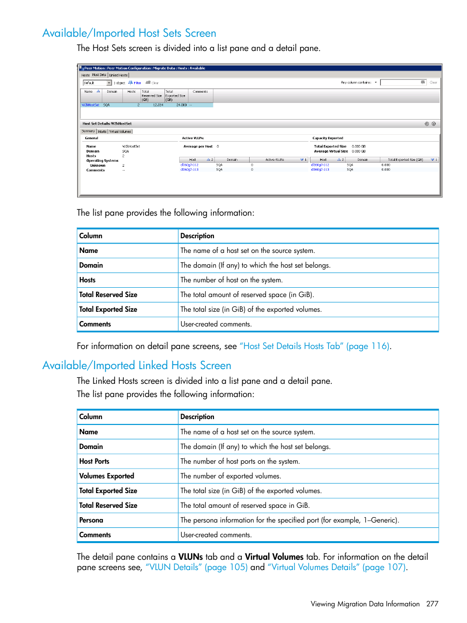 Available/imported host sets screen, Available/imported linked hosts screen | HP 3PAR Operating System Software User Manual | Page 277 / 525