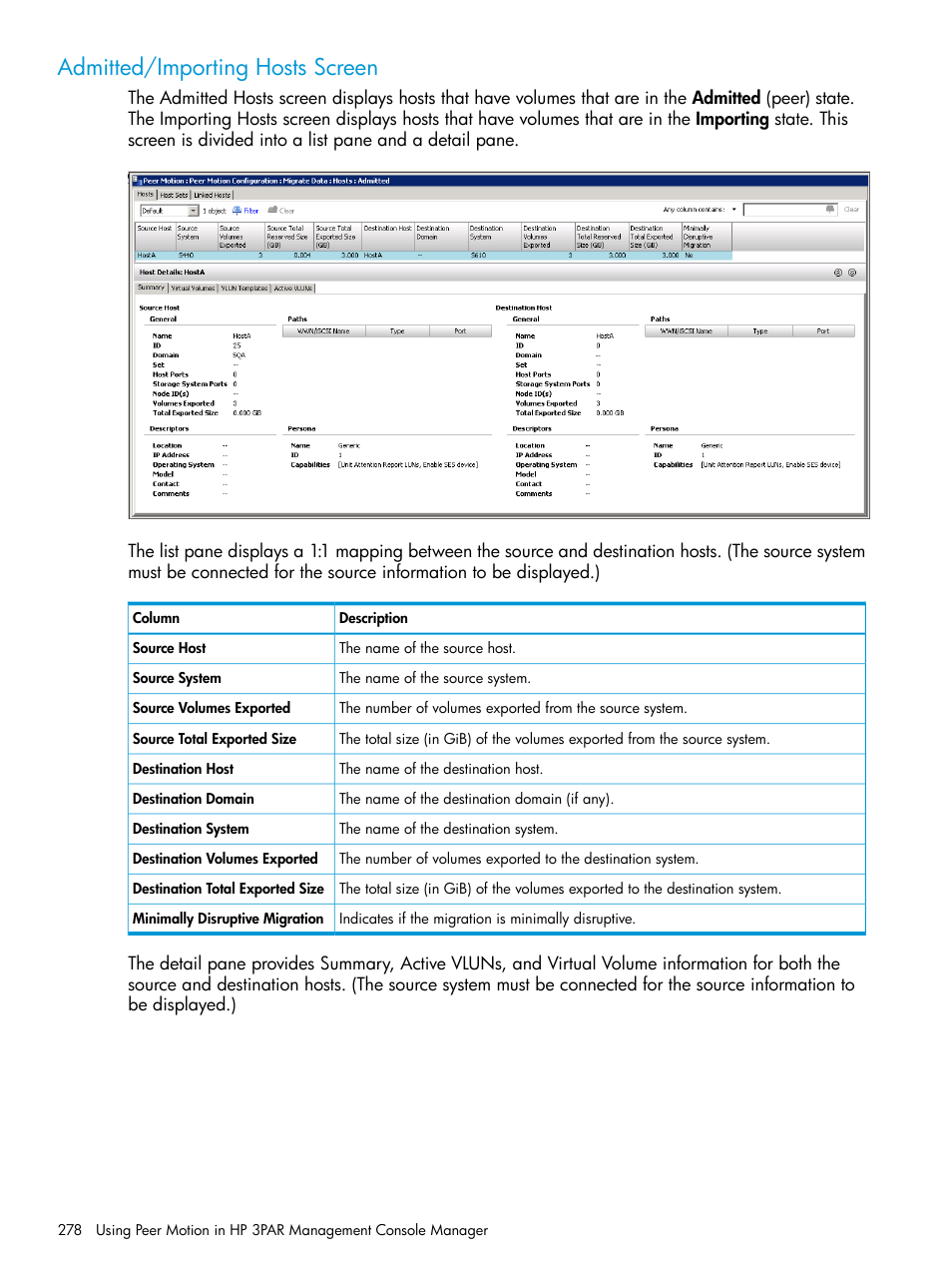 Admitted/importing hosts screen | HP 3PAR Operating System Software User Manual | Page 278 / 525