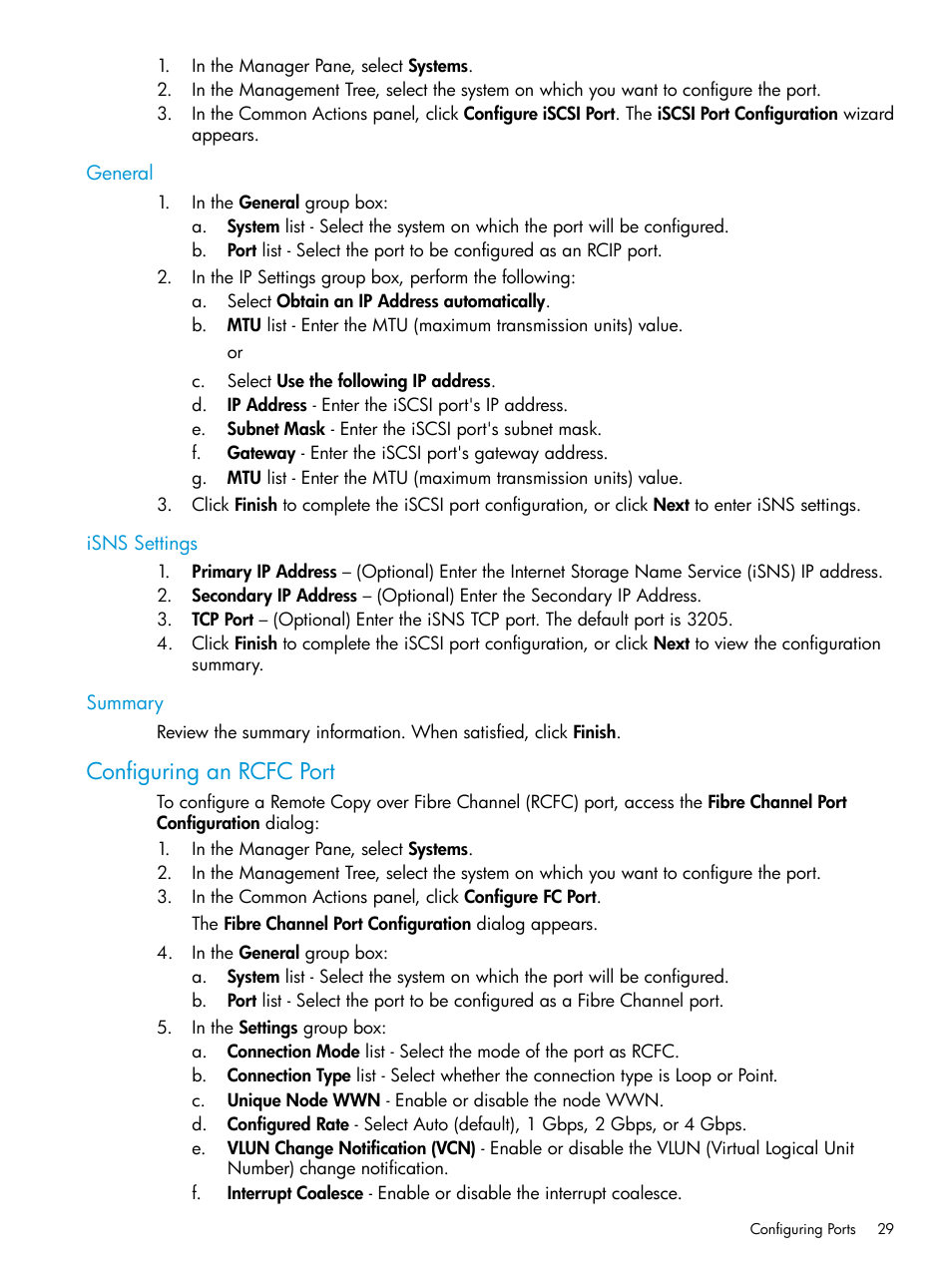 General, Isns settings, Summary | Configuring an rcfc port, General isns settings summary | HP 3PAR Operating System Software User Manual | Page 29 / 525