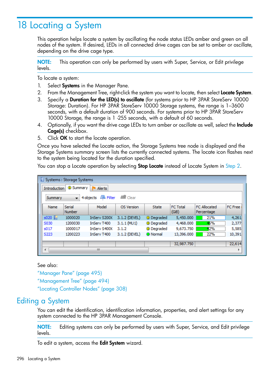 18 locating a system, Editing a system | HP 3PAR Operating System Software User Manual | Page 296 / 525