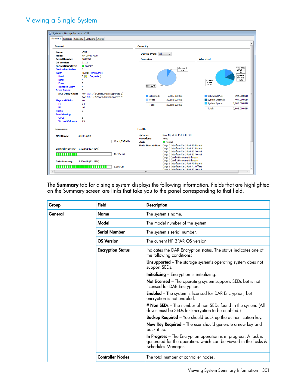 Viewing a single system | HP 3PAR Operating System Software User Manual | Page 301 / 525