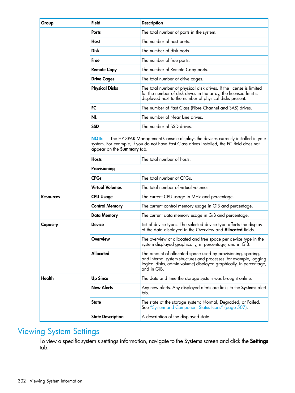Viewing system settings | HP 3PAR Operating System Software User Manual | Page 302 / 525