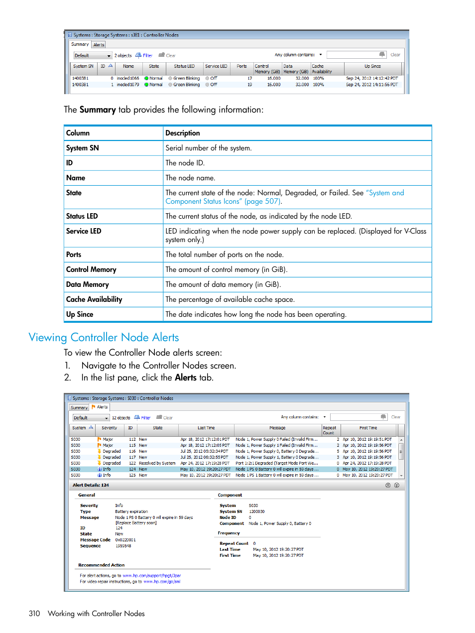 Viewing controller node alerts | HP 3PAR Operating System Software User Manual | Page 310 / 525