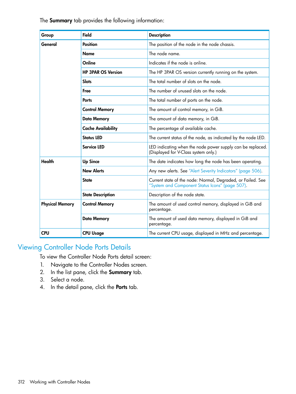 Viewing controller node ports details | HP 3PAR Operating System Software User Manual | Page 312 / 525