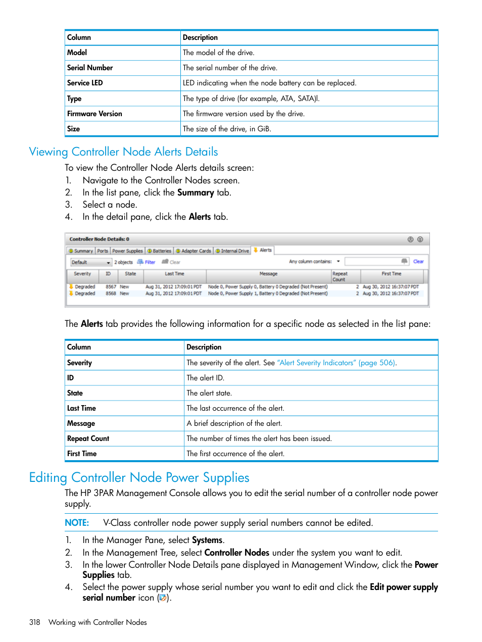 Viewing controller node alerts details, Editing controller node power supplies | HP 3PAR Operating System Software User Manual | Page 318 / 525
