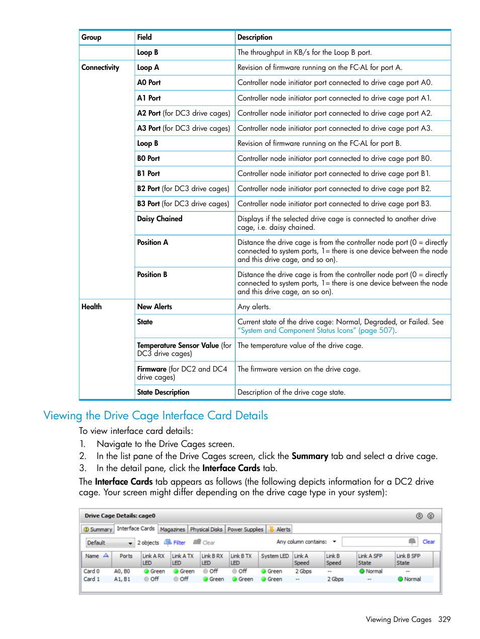 Viewing the drive cage interface card details | HP 3PAR Operating System Software User Manual | Page 329 / 525