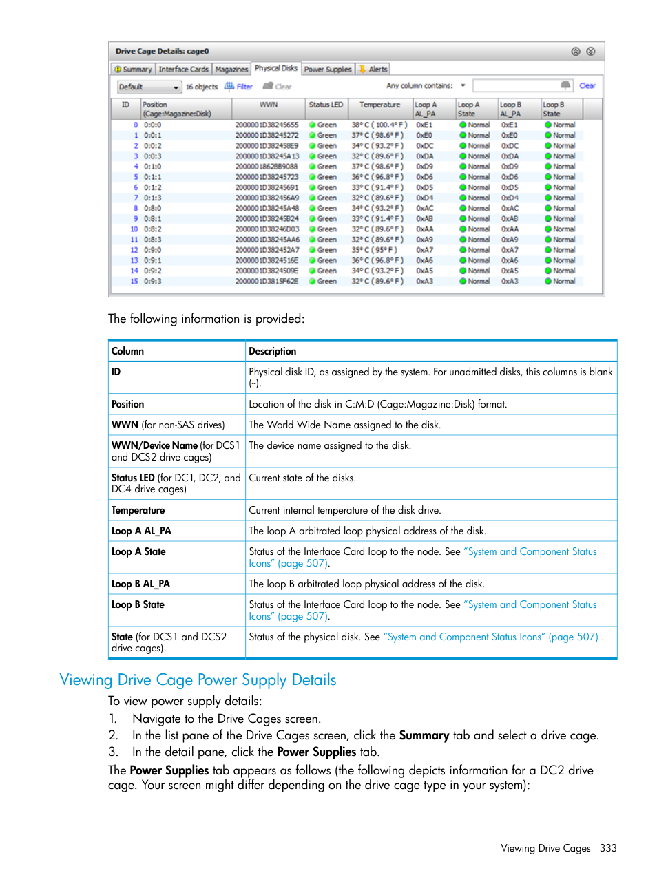 Viewing drive cage power supply details | HP 3PAR Operating System Software User Manual | Page 333 / 525