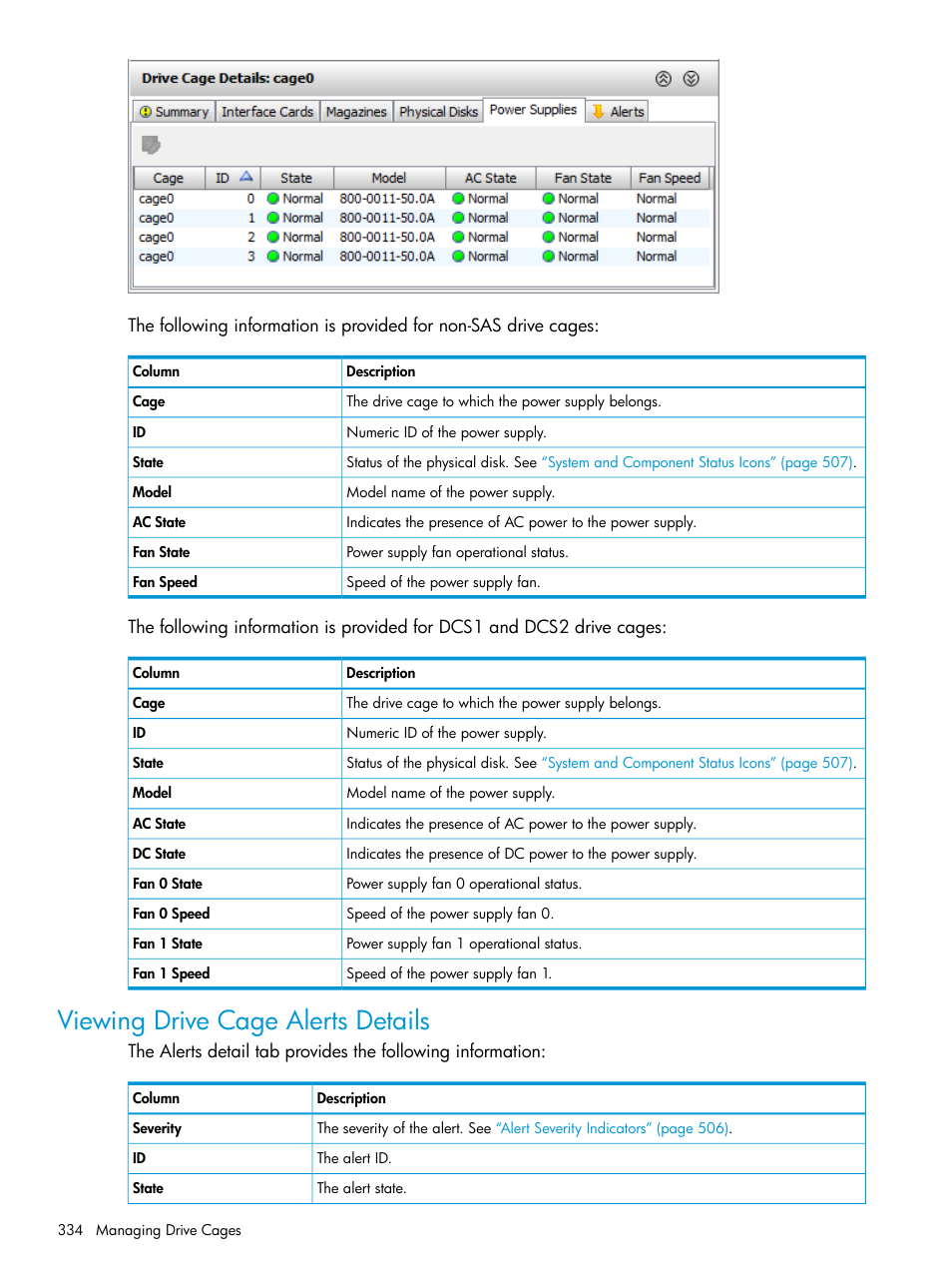 Viewing drive cage alerts details | HP 3PAR Operating System Software User Manual | Page 334 / 525