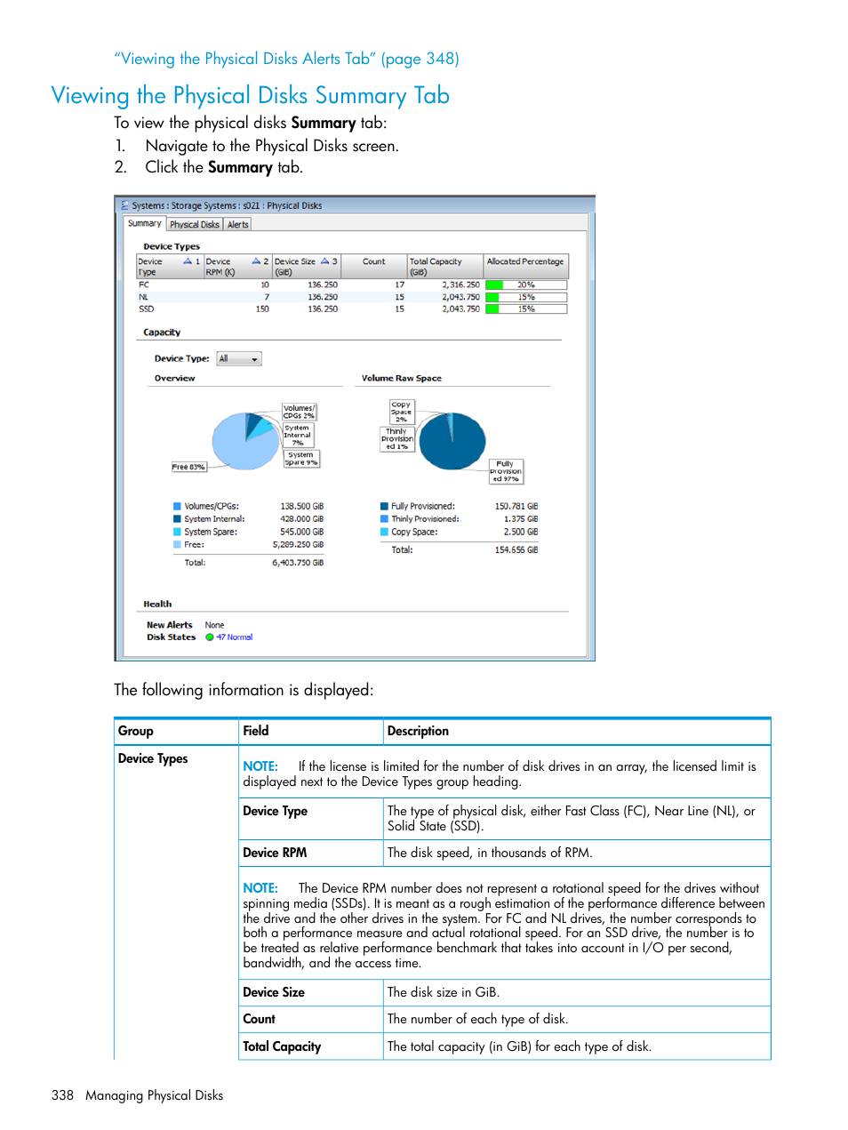 Viewing the physical disks summary tab | HP 3PAR Operating System Software User Manual | Page 338 / 525