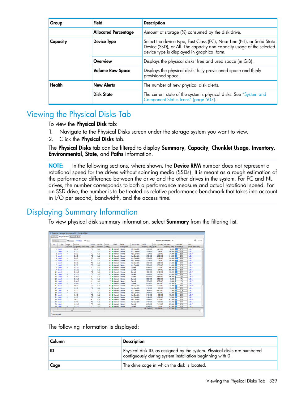 Viewing the physical disks tab, Displaying summary information | HP 3PAR Operating System Software User Manual | Page 339 / 525