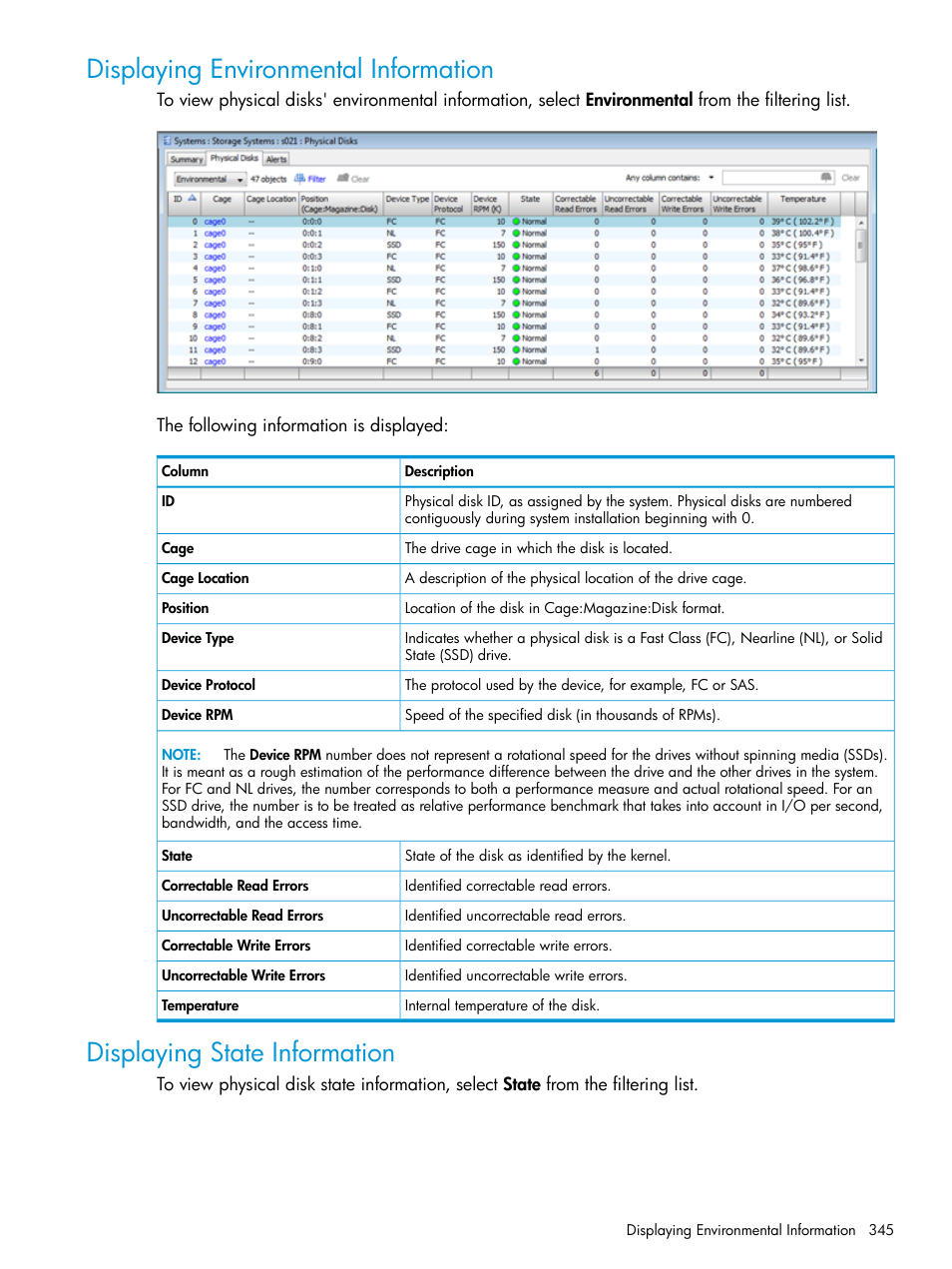 Displaying environmental information, Displaying state information | HP 3PAR Operating System Software User Manual | Page 345 / 525