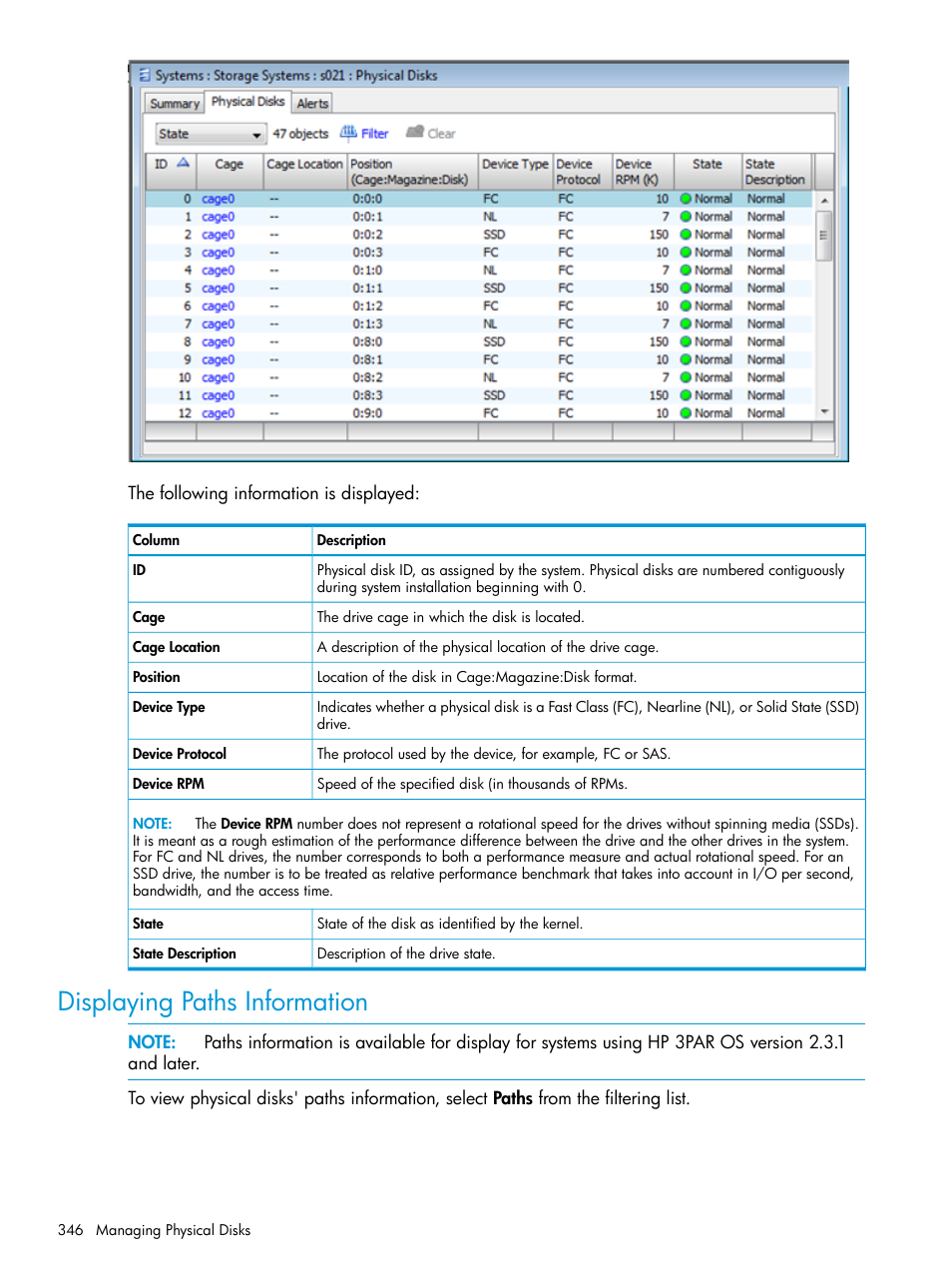 Displaying paths information | HP 3PAR Operating System Software User Manual | Page 346 / 525