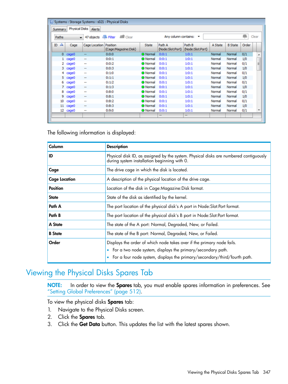 Viewing the physical disks spares tab | HP 3PAR Operating System Software User Manual | Page 347 / 525