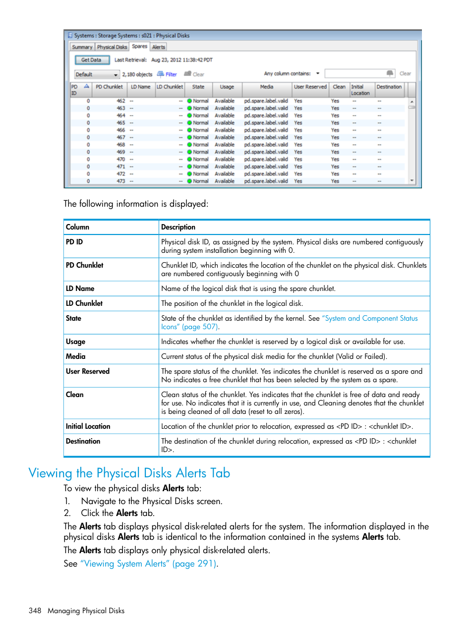 Viewing the physical disks alerts tab | HP 3PAR Operating System Software User Manual | Page 348 / 525