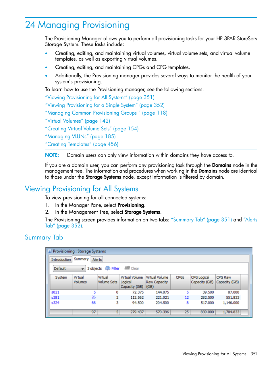24 managing provisioning, Viewing provisioning for all systems, Summary tab | HP 3PAR Operating System Software User Manual | Page 351 / 525