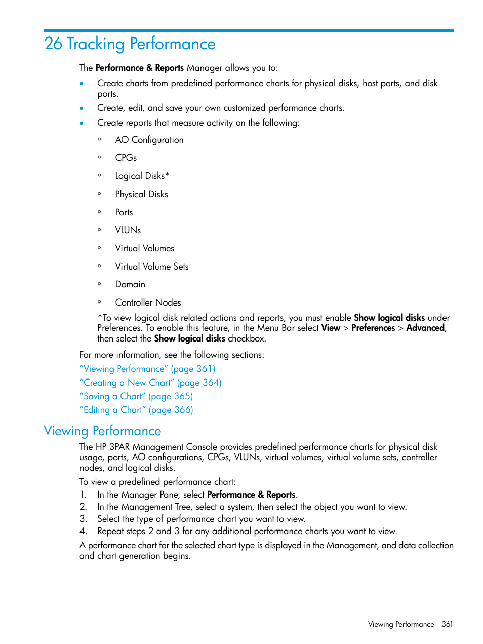 26 tracking performance, Viewing performance | HP 3PAR Operating System Software User Manual | Page 361 / 525